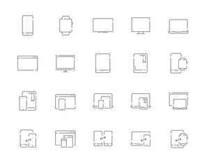 Simple set of devices vector line web icons. Contains such Icons as mobile phone, tablet, desktop, watch, projector, desktop, tv, e-reader and more. Editable Stroke. 48x48 Pixel Perfect.