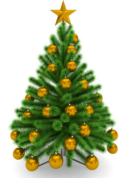 Christmas tree decorated with golden Christmas balls and golden Christmas star - isolated on white