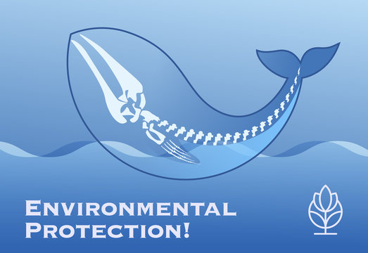 Poster Environmental Protection! with the silhouette and skeleton of a whale in the waves