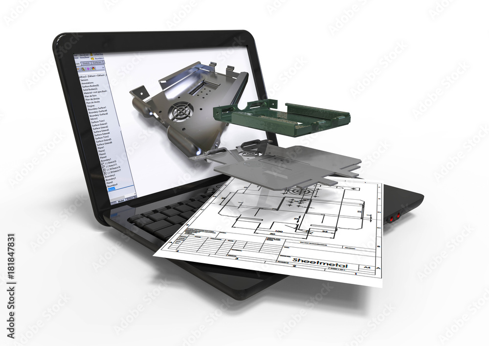Aufkleber computer aided design sheet metal / 3d render image representing computer aided sheetmetal design