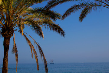 Fototapeta na wymiar Ship. Yacht in the Mediterranean sea. Costa del Sol, Spain.