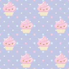 Knitted seamless pattern with cupcakes on purple polka dot background. Vector illustration.