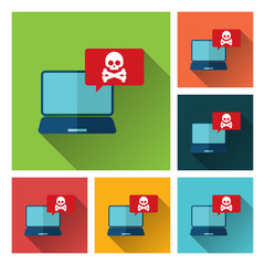 Alert notification with skull, bones, bubble speech red alert on laptop computer vector, malware concept, spam data, fraud internet error, insecure connection, online scam, virus.