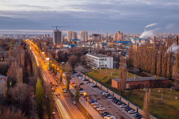 Aerial view to evening Voronezh in late fall, view to Spacemen street. Construction of modern...