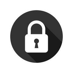 Lock icon with long shadow, white isolated on black background, vector illustration.