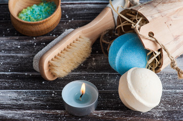 Bath accessories on rustic wooden table
