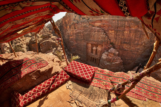 View from above of Treasure and the ancient city of Petra, Jordan