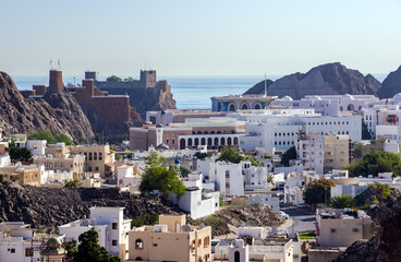 Old Muscat original historic city of Muscat on the coast in the Gulf of Oman. It is separated from the rest of modern Muscat by coastal mountains - Muscat, Oman