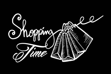 Hand drawn cartoon style shopping bags design with text shopping time
