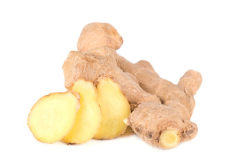 Slice of fresh ginger isolated on white background. Close up