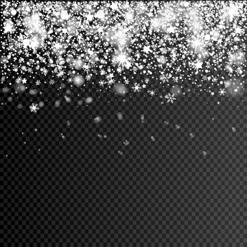 eps 10 vector falling snow with bokeh effect isolated on transparent background. Editable graphic effect layer for greeting cards, web, print. Merry Christmas and Happy New Year advertising design