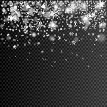 eps 10 vector falling snow with bokeh effect isolated on transparent background. Editable graphic effect layer for greeting cards, web, print, design. Merry Christmas and Happy New Year card design
