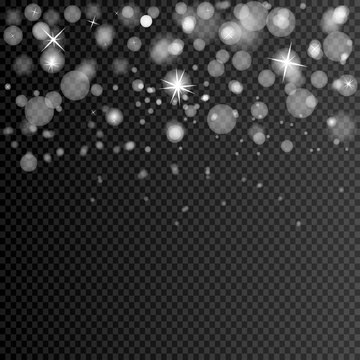 eps 10 vector blurred falling snow with bokeh effect isolated on transparent background. Editable graphic effect layer for greeting cards, web, print, design. Merry Christmas and Happy New Year design