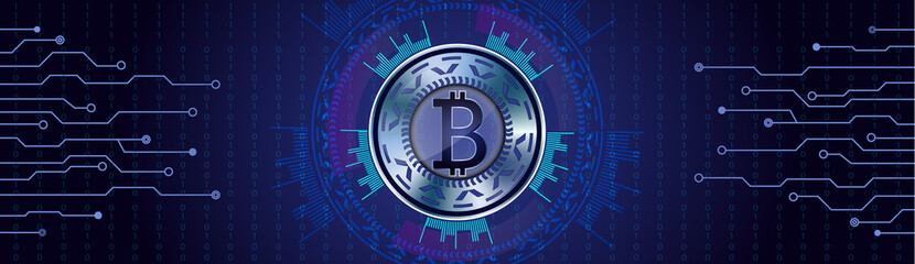 Silver Bitcoin concept on futuristic HUD background qith numbers and lines.