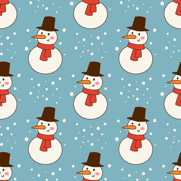 Snowman cold christmas season winter seamless pattern man in hat character xmas background holiday card vector illustration