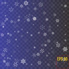 Vector falling snow isolated on transparent background. For greeting card, calendar, poster, brochure. Winter holidays mock-up. Happy new year and Merry Cristmas