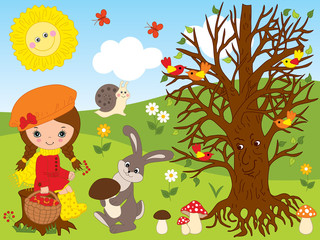 Vector Set with Cute Little Girl, Forest Animals, Birds and Plants