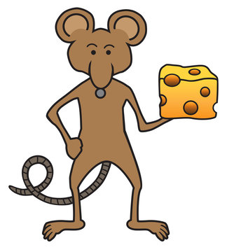 Proud cartoon mouse is holding a large piece of cheese