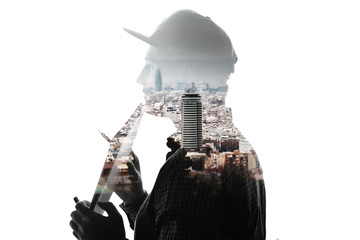 Portrait of handsome man with a cap, on Barcelona city background. Double exposure. Future concept