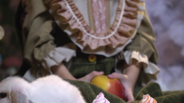 White fluffy rabbit funnily moving his nose sitting in artificial snow, refocus on girl with apple. Slow motion shooting