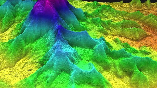 3D render of geology, soil slice, mountains isolated on dark background. cross section topology of ground relief with mountains and meadows.