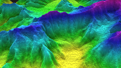 3D render of geology, soil slice, mountains isolated on dark background. cross section topology of ground relief with mountains and meadows. - obrazy, fototapety, plakaty
