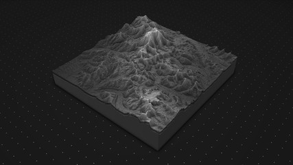 3D render of geology, soil slice, mountains isolated on dark background. cross section topology of...