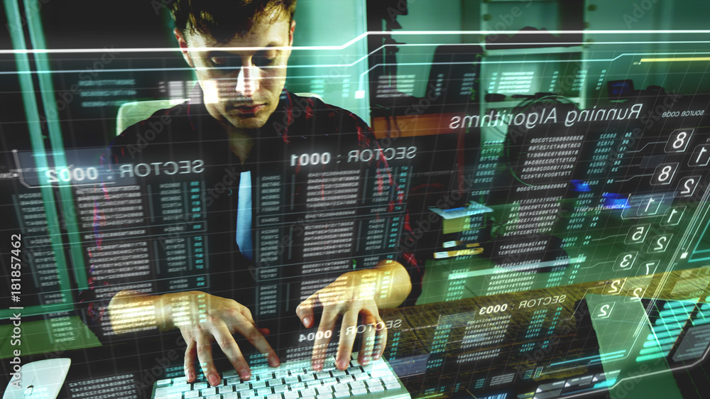 Fototapete A programer hacker trying to breached the computer security by using algorithm source code to exploit weakness in password security