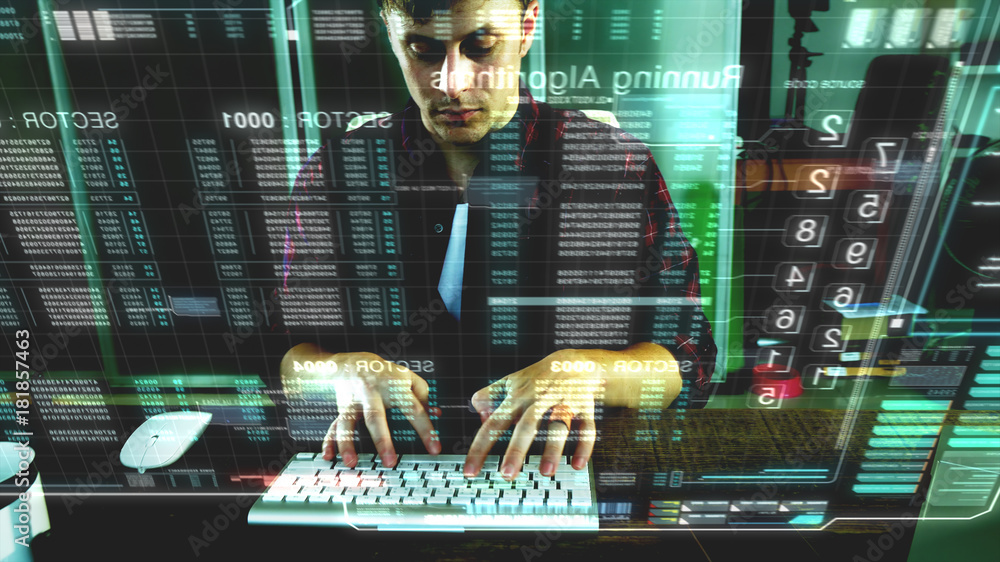 Fototapete A programer hacker trying to breached the computer security by using algorithm source code to exploit weakness in password security