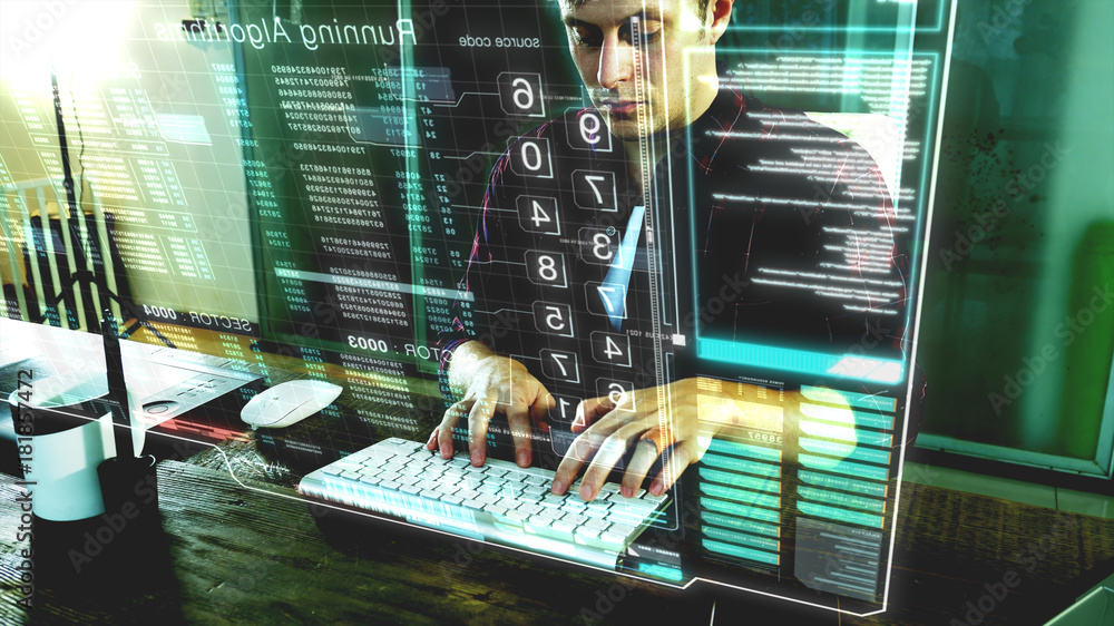 Fototapete A programer hacker trying to breached the computer security by using algorithm source code to exploit weakness in password security