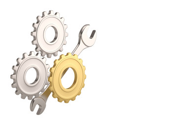 Steel and gold gears and wrench on white background. 3D illustration.