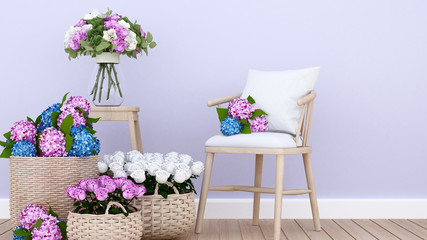 Fototapeta na wymiar Living area and colorful flower in apartment or Home - Interior Design for dining area - 3D Rendering
