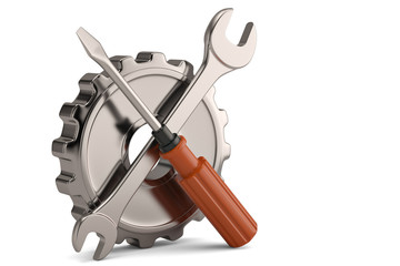 Steel gear and wrench and screwdriver on white background. 3D illustration.