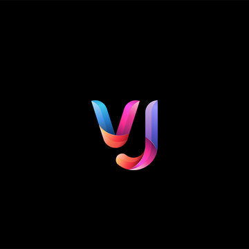 Initial lowercase letter vj, curve rounded logo, gradient vibrant colorful glossy colors on black background
