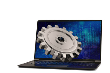 Laptop and gear on white background. 3D illustration.