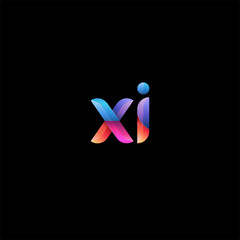 Initial lowercase letter xi, curve rounded logo, gradient vibrant colorful glossy colors on black background