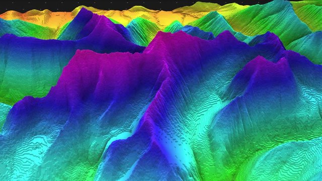 3D render of geology, soil slice, mountains isolated on dark background. cross section topology of ground relief with mountains and meadows.	