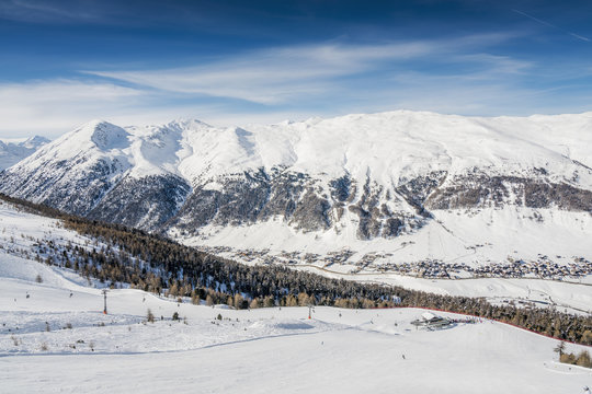Alpine Ski Resort And Ski Slopes in Winter Season, Livigno, Italy