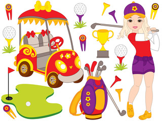 Vector Set with Beautiful Young Girl Playing Golf and Golf Accessories