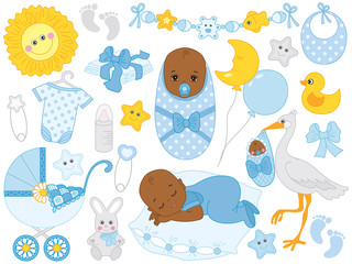 Vector Set with Cute Little African American Baby Boy, Stork, Toys and Accessories