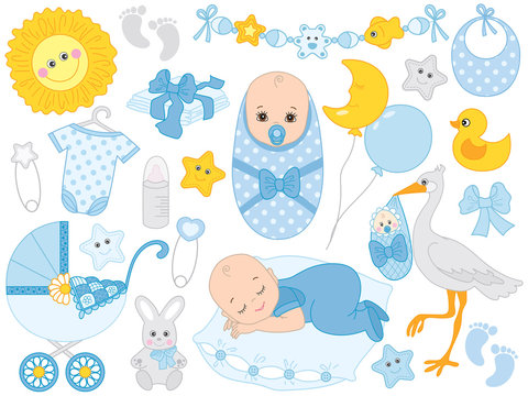 Vector Set with Cute Baby Boy, Stork, Toys and Accessories