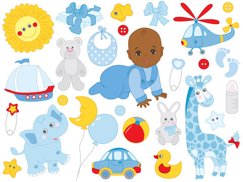 Vector Set with Cute African American Baby Boy, Toys and Accessories 
