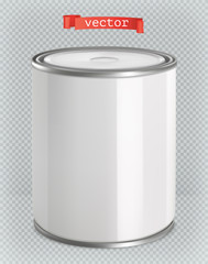 Packaging building and sanitary. White tin of paint. 3d realism, vector mockup