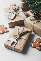 Christmas presents on white background.