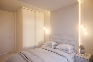 3d illustration of an interior design of a white minimalist bedroom. Scandinavian interior design style. 