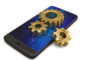 Smart phone and gears on white background. 3D illustration.