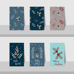 Set of Merry Christmas mini cards with leave, pattern leave, Christmas branch tree holly jolly celebration, decorated scrapbook wrapping paper, gift box for season greeting in brown, red, blue colors.