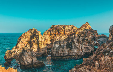 Rock formation in the ocean at Ponta da Piedade, Algarve, Portugal