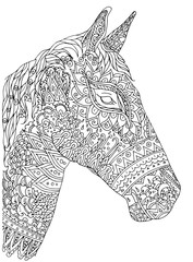 Coloring page in zentangle inspired style. Vector illustration hand-drawn horse (mustang), isolated on white background. Hand drawn sketch for adult antistress coloring page, T-shirt, logo or tattoo