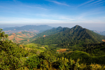 Fototapeta na wymiar Landscape of forest in sierra that some part was deforestation by human, Nan, Northern of Thailand
